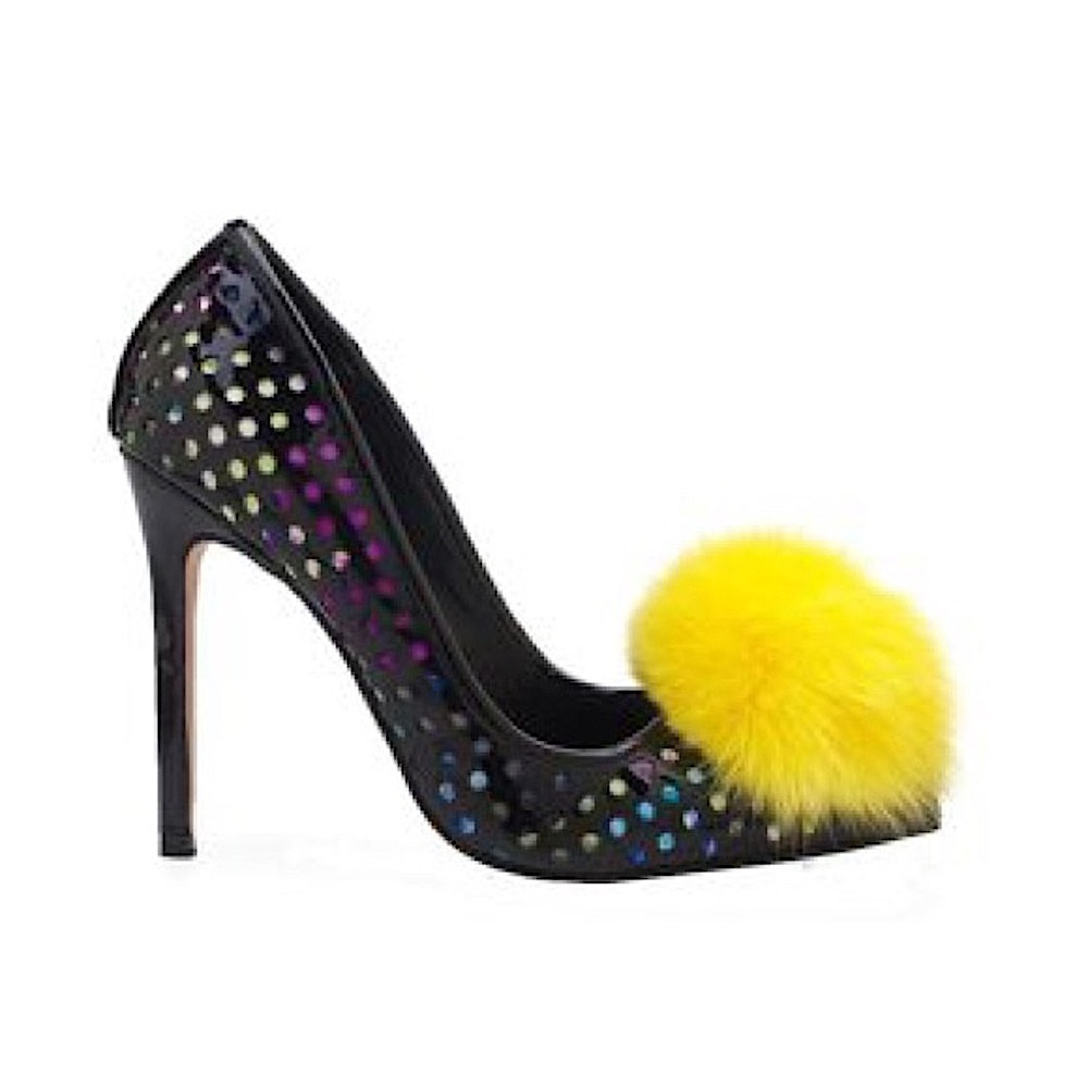 PRIVILEGED black patent pumps with multi colored dots and large yellow pouf.